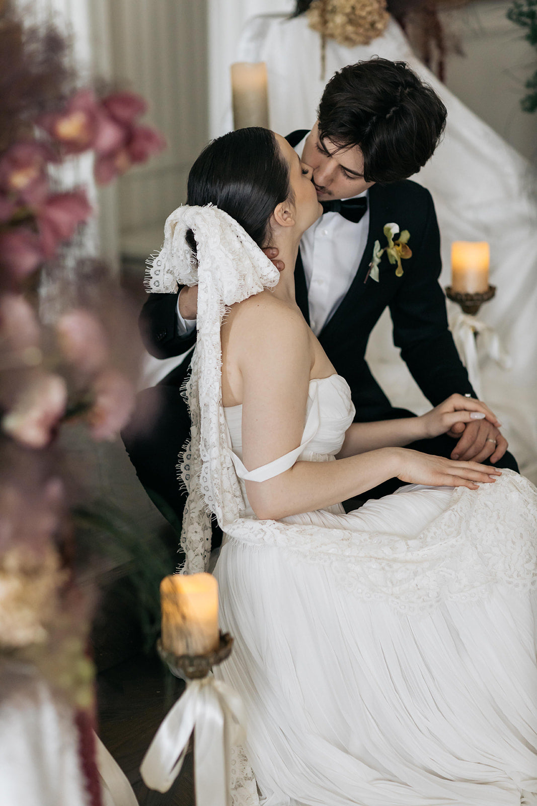 Bride wearing lace bow veil alternative