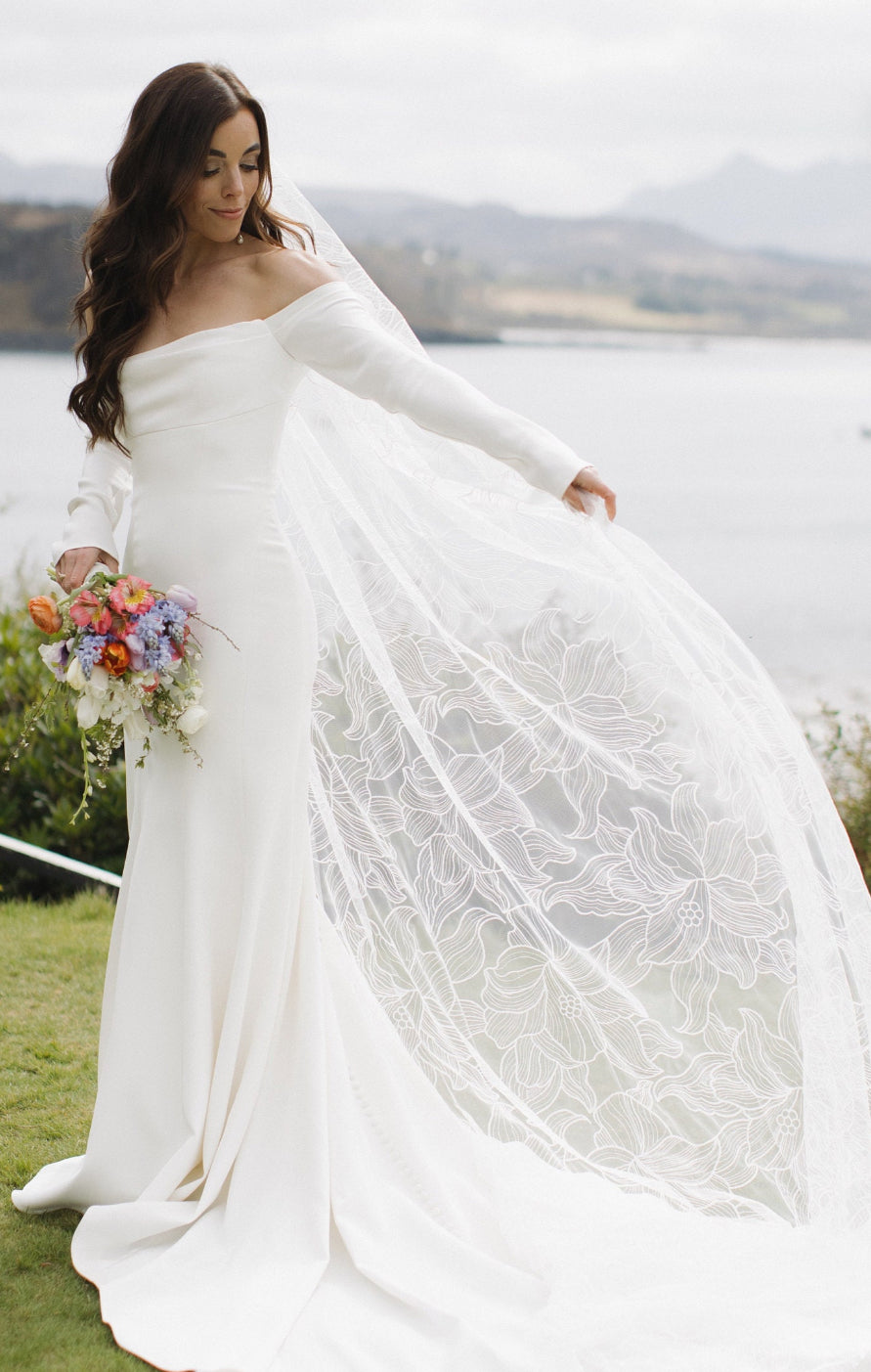 Real bride wearing floral wedding veil