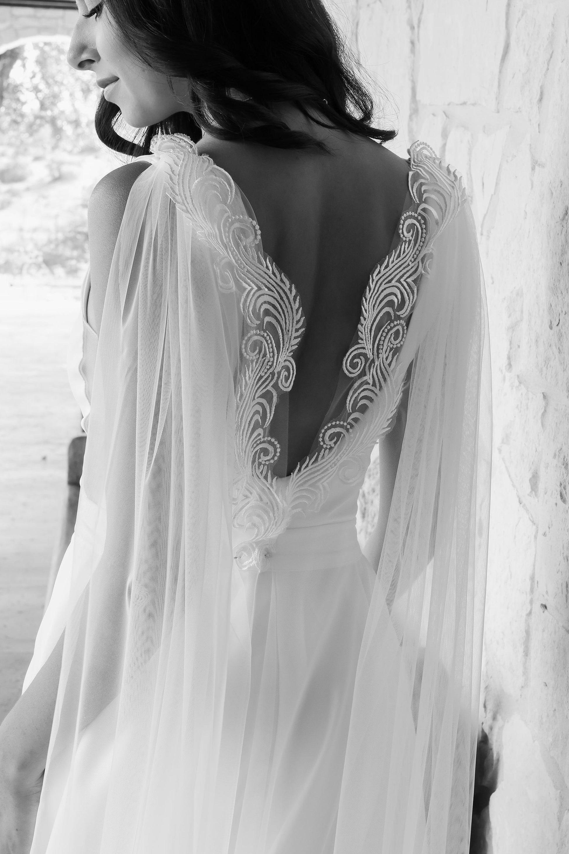 Lace wedding cape with low back wedding dress