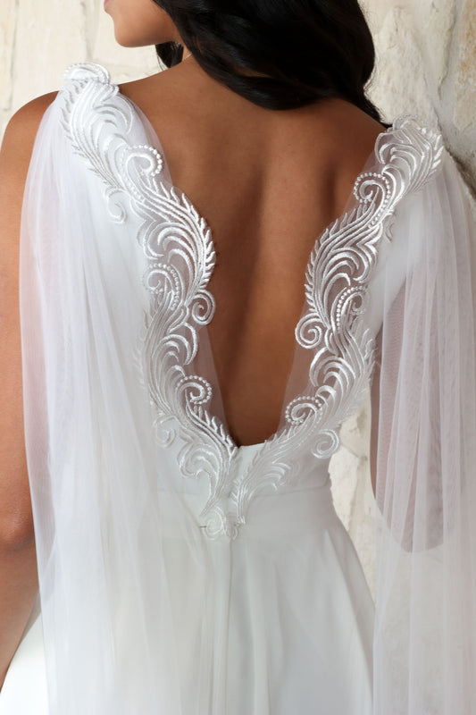 Lace wedding cape with low back wedding dress