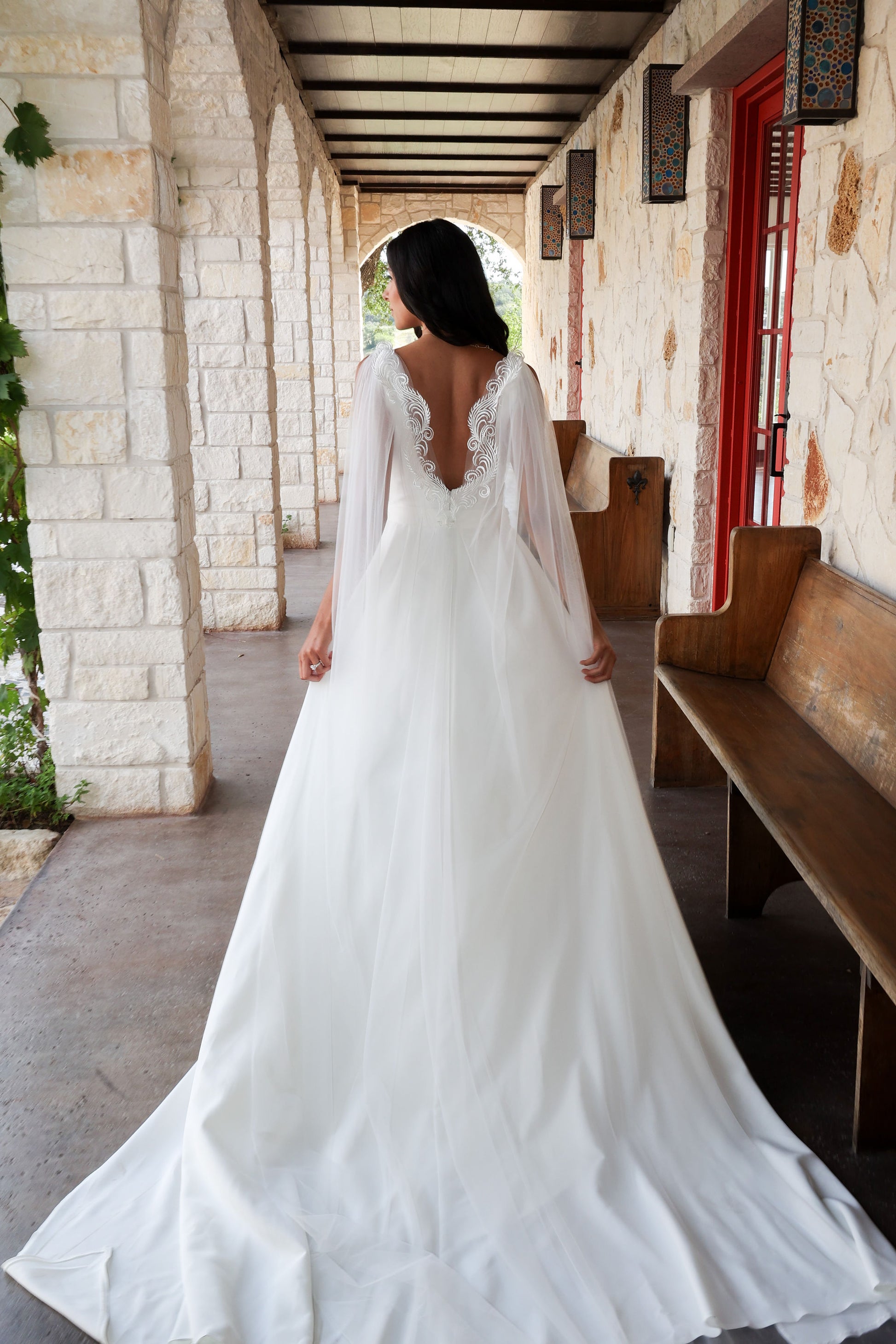 Lace wedding cape with low back wedding dress