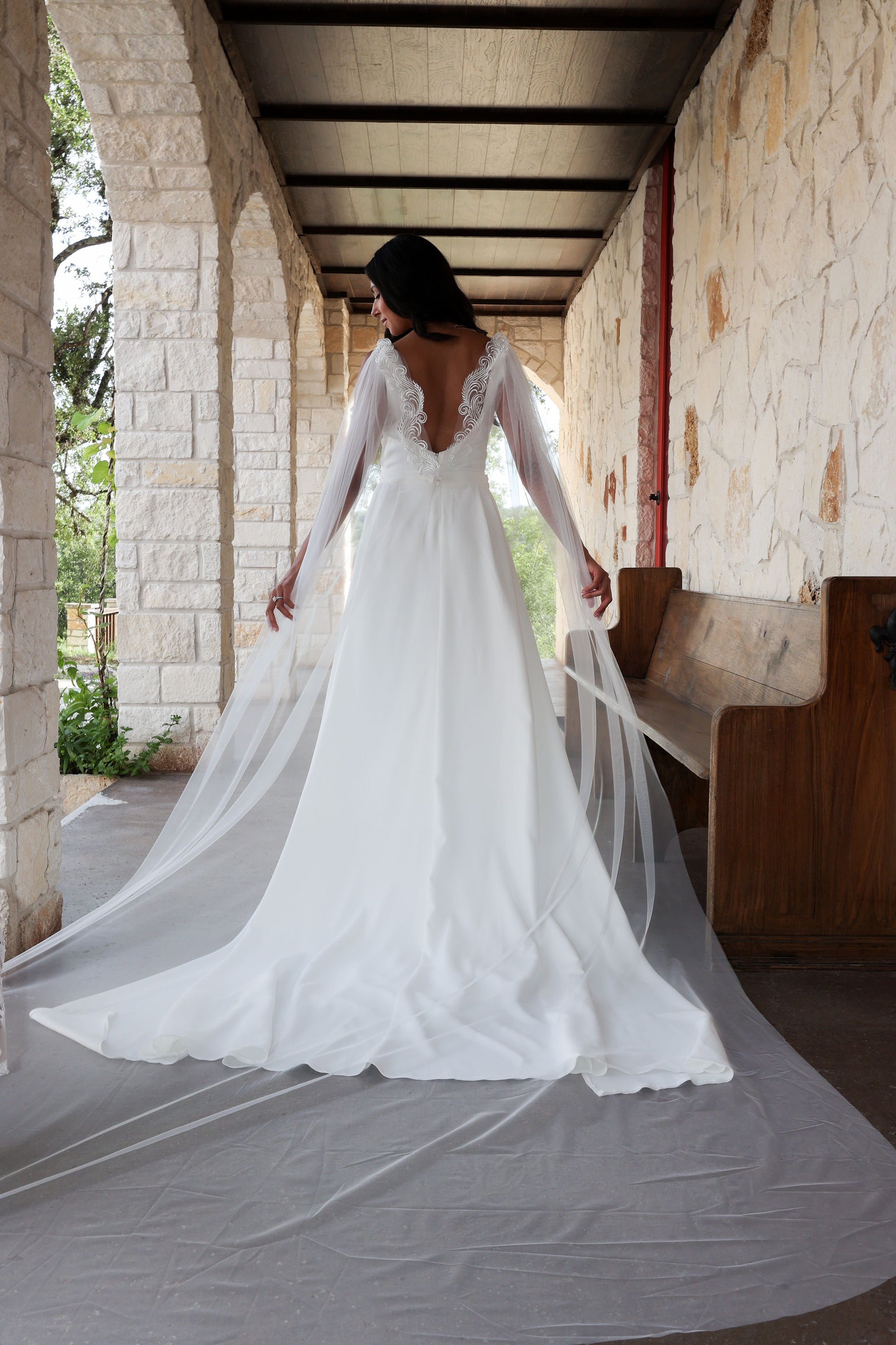 Lace wedding cape with low back wedding dress