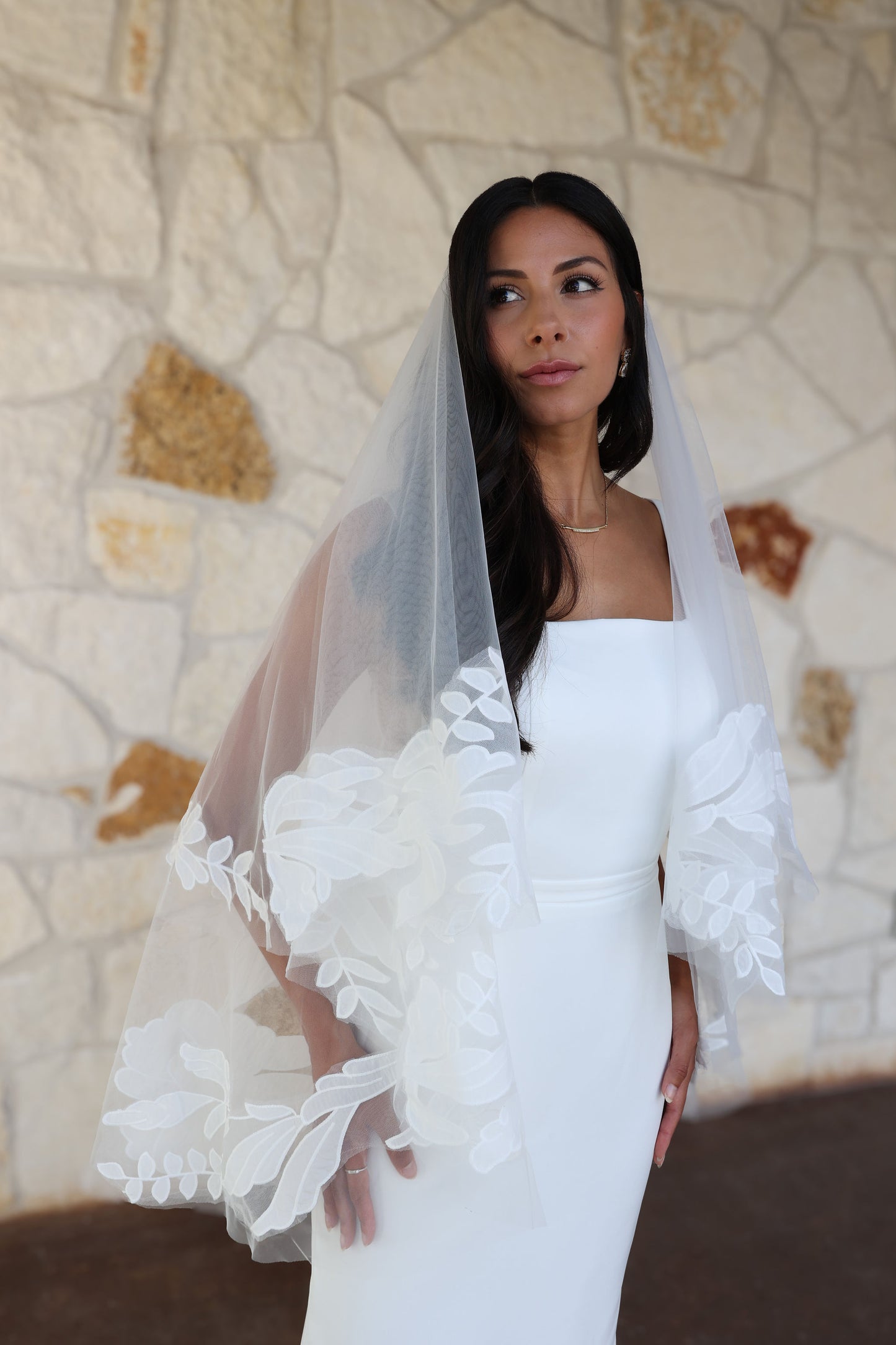 Fingertip Length Lace Wedding Veil with Blusher