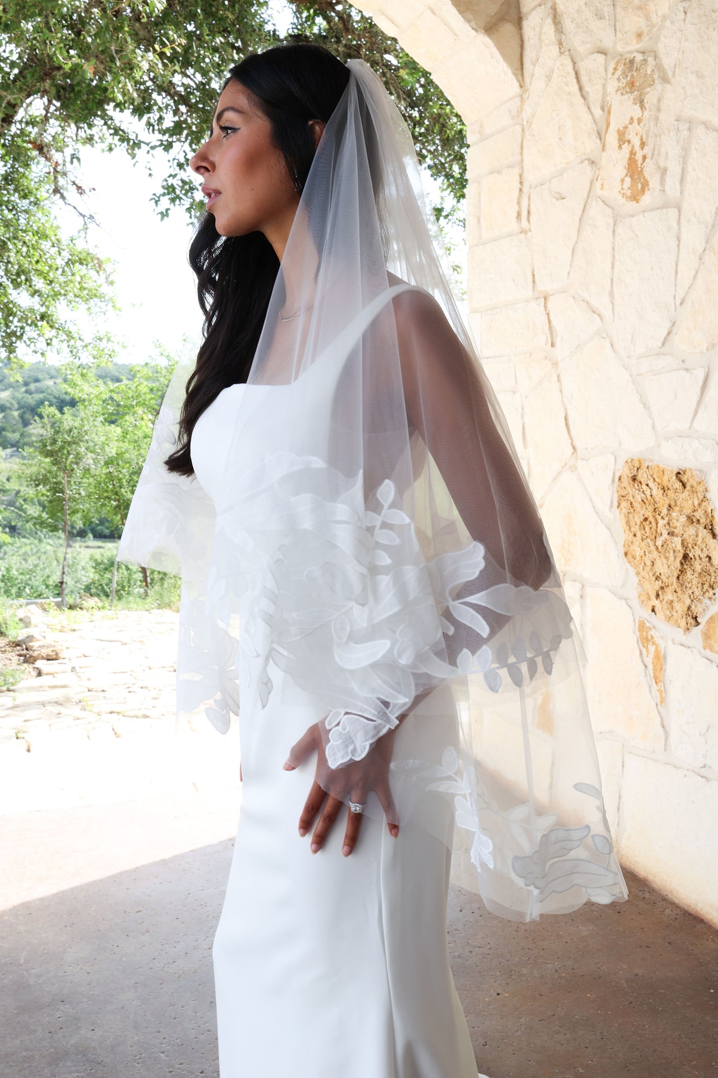 Fingertip Length Lace Wedding Veil with Blusher