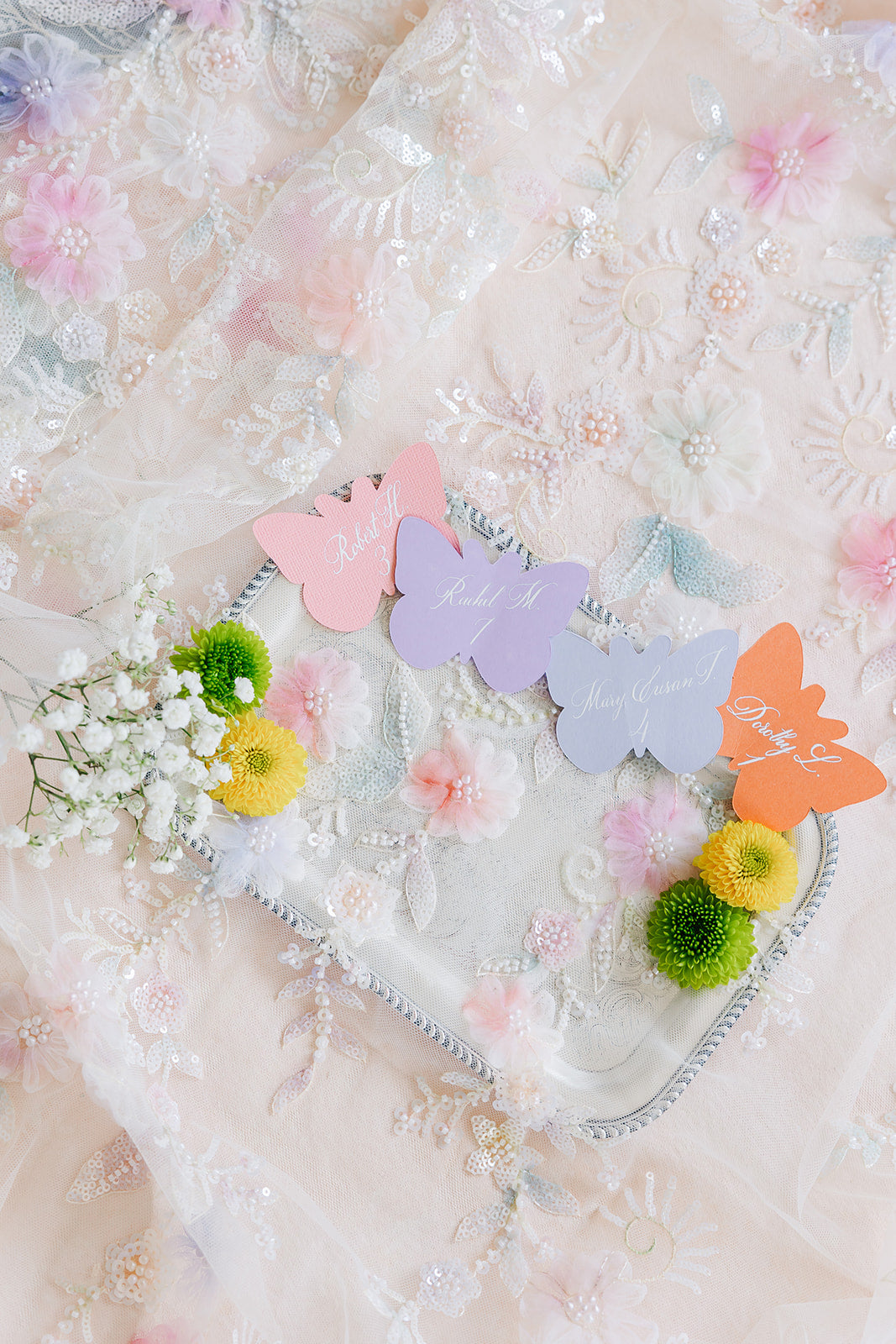 Pastel Floral Wedding Veil with Butterfly Wedding Decor